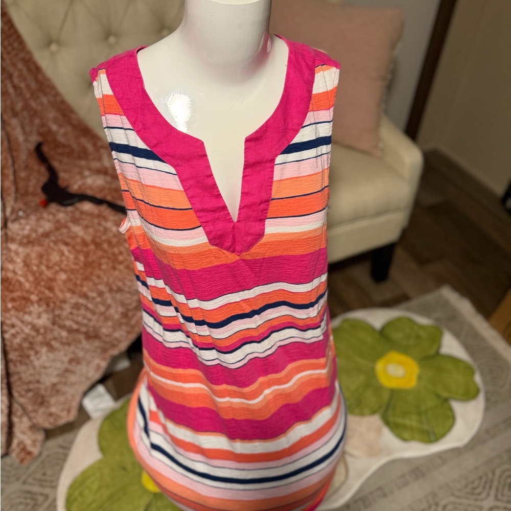 Tommy Bahama Pink, Orange & White Striped Sleeveless Mini Dress